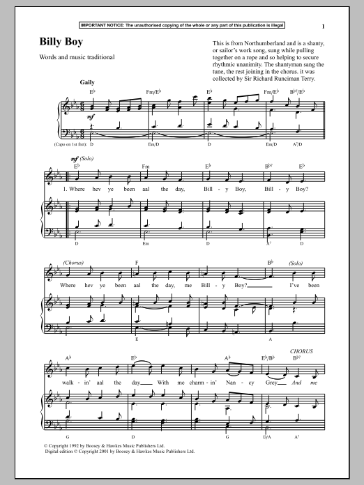 Anonymous Billy Boy sheet music notes and chords. Download Printable PDF.