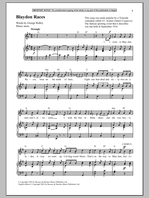 Anonymous Blaydon Races sheet music notes and chords. Download Printable PDF.