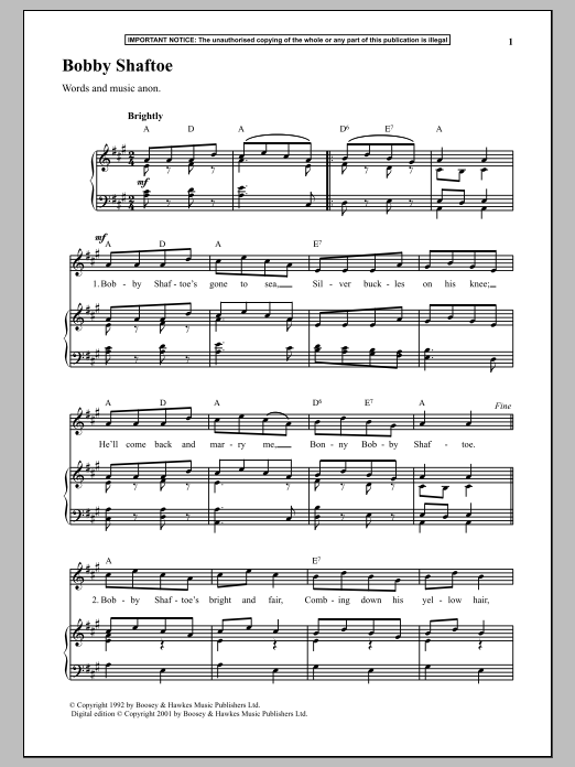 Anonymous Bobby Shaftoe sheet music notes and chords. Download Printable PDF.