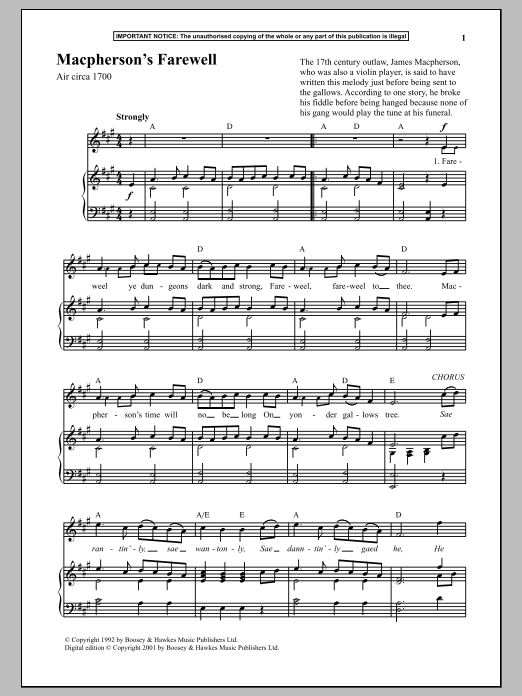 Anonymous Macpherson's Farewell sheet music notes and chords. Download Printable PDF.