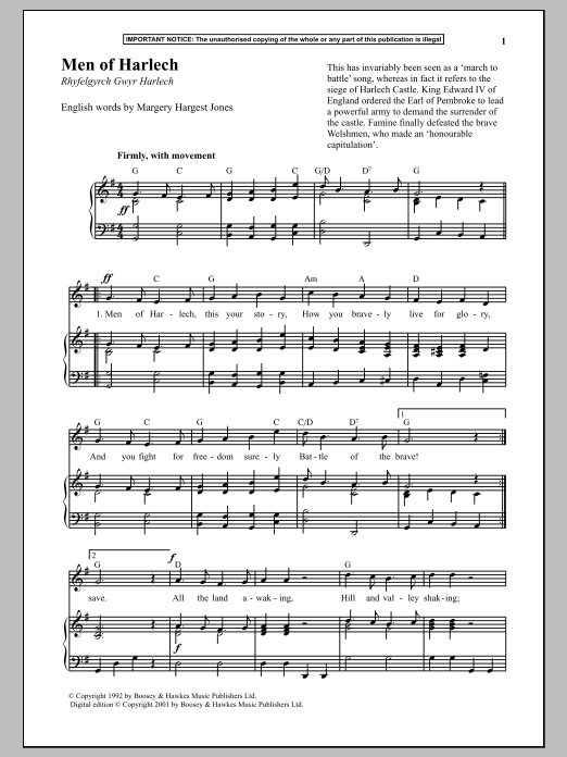 Anonymous Men Of Harlech sheet music notes and chords. Download Printable PDF.