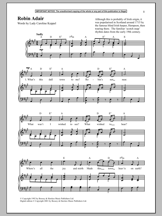 Anonymous Robin Adair sheet music notes and chords. Download Printable PDF.