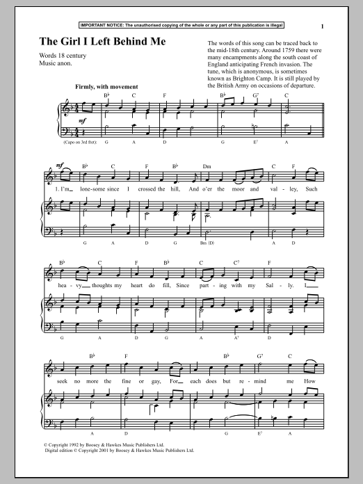 Anonymous The Girl I Left Behind Me sheet music notes and chords. Download Printable PDF.