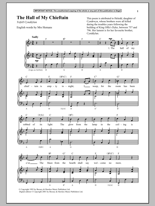 Learn to play Anonymous The Hall Of My Chieftain sheet music for Piano & Vocal in minutes. Price: 6.9900$ Anonymous The Hall Of My Chieftain sheet music notes and chords arranged for Piano & Vocal