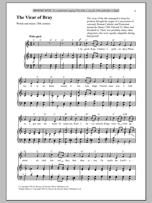 Anonymous The Vicar Of Bray sheet music notes and chords. Download Printable PDF.