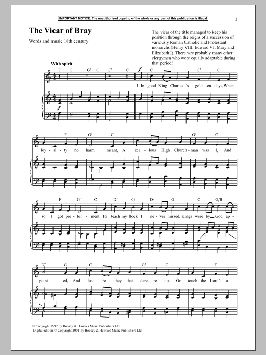 Learn to play Anonymous The Vicar Of Bray sheet music for Piano & Vocal in minutes. Anonymous The Vicar Of Bray sheet music notes and chords. Download Printable PDF.
