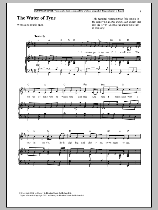 Anonymous The Water Of Tyne sheet music notes and chords. Download Printable PDF.