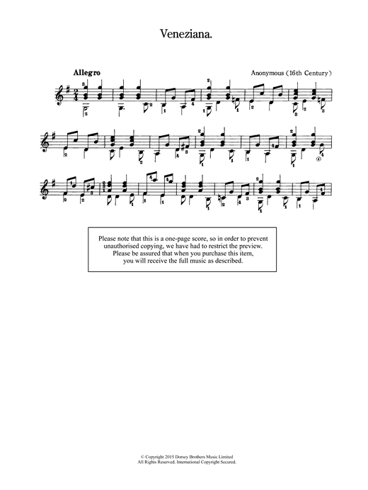 Learn to play Anonymous Veneziana sheet music for Solo Guitar in minutes. Anonymous Veneziana sheet music notes and chords. Download Printable PDF.