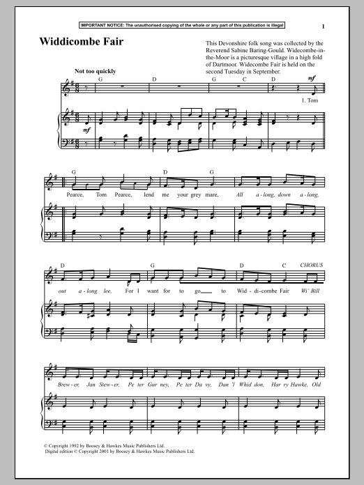 Anonymous Widdicombe Fair sheet music notes and chords. Download Printable PDF.