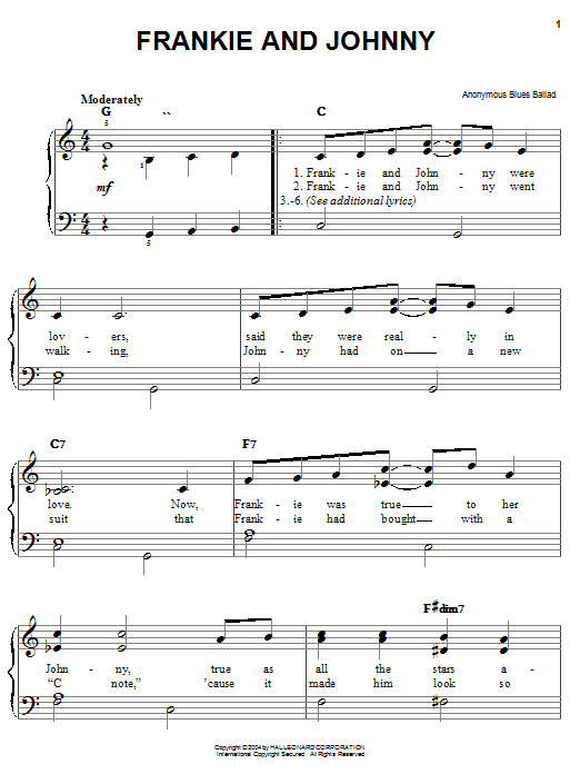Anonymous Blues Ballad Frankie And Johnny sheet music notes and chords. Download Printable PDF.