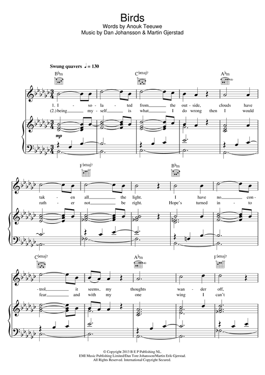 Anouk Birds sheet music notes and chords. Download Printable PDF.