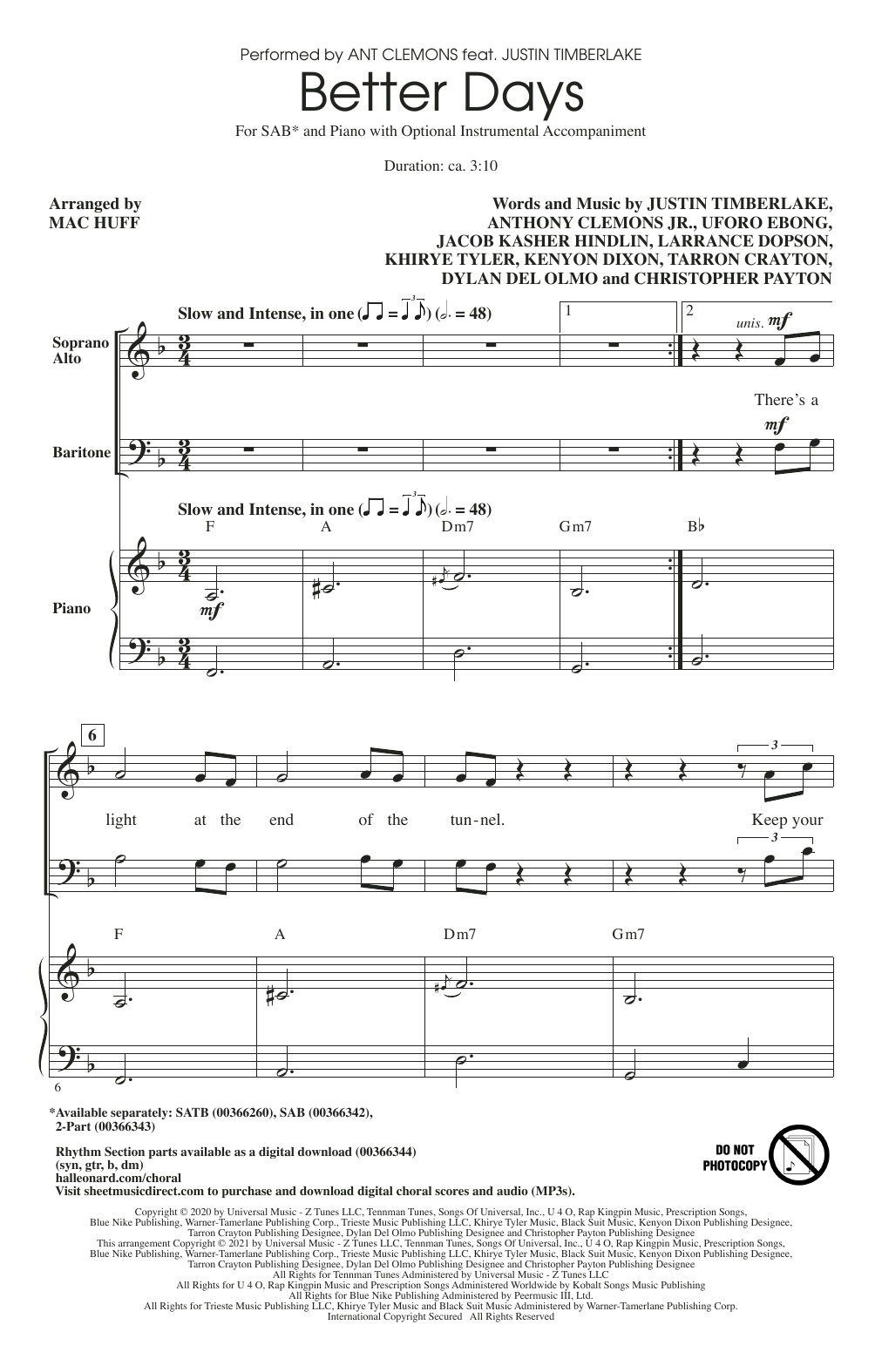 Ant Clemons feat. Justin Timberlake Better Days (arr. Mac Huff) sheet music notes and chords. Download Printable PDF.