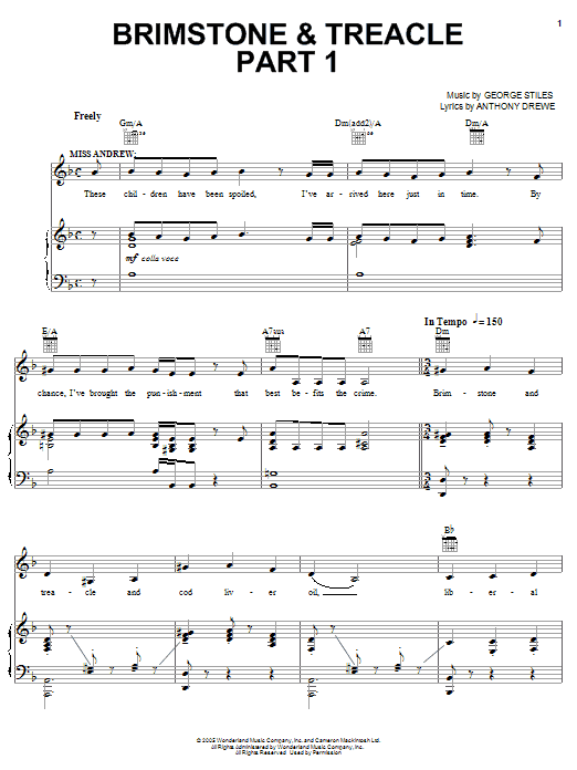 Learn to play Stiles & Drewe Brimstone & Treacle Part 1 sheet music for Easy Piano in minutes. Price: 6.9900$ Stiles & Drewe Brimstone & Treacle Part 1 sheet music notes and chords arranged for Easy Piano