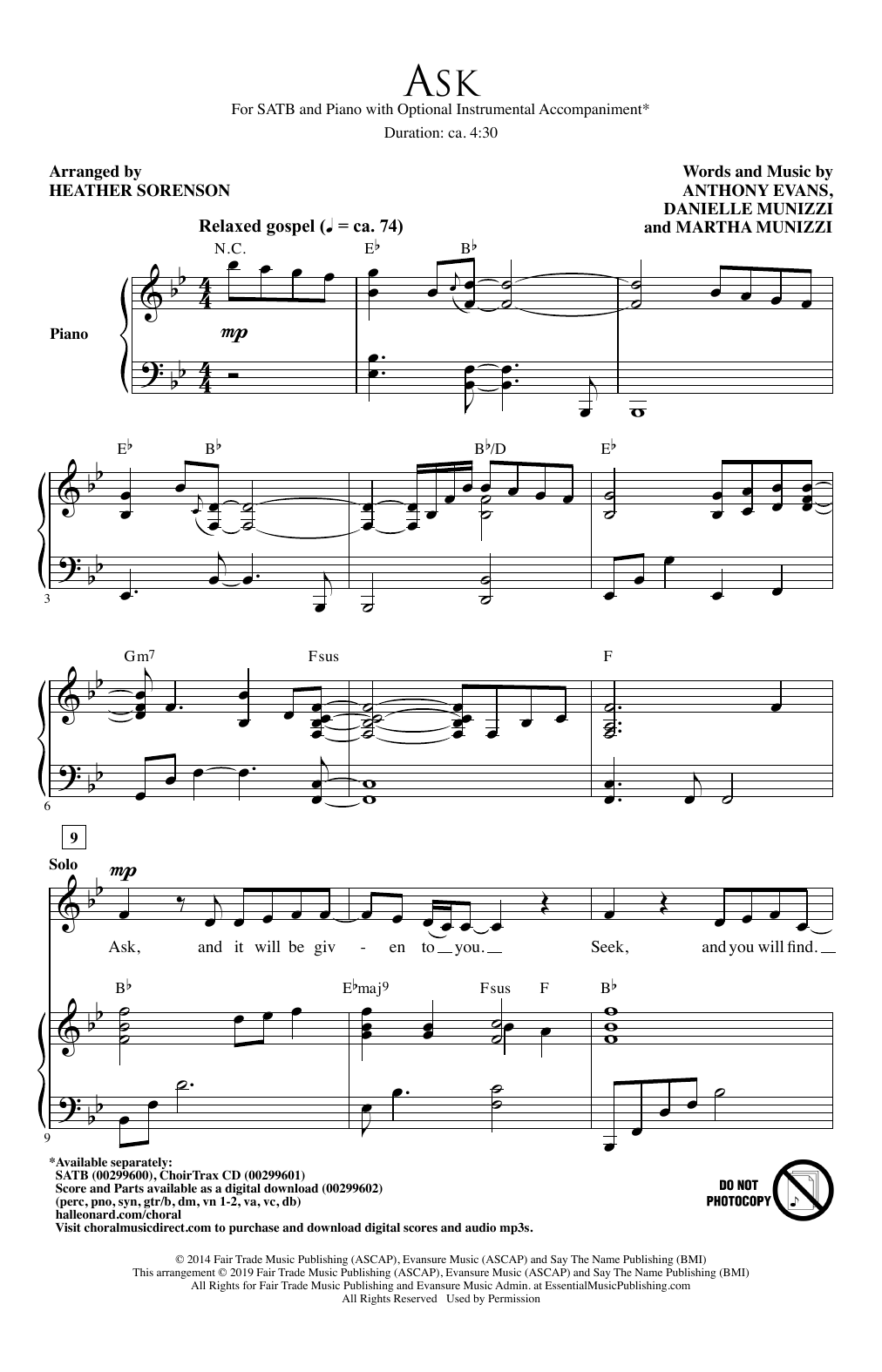 Learn to play Anthony Evans Ask (arr. Heather Sorenson) sheet music for SATB Choir in minutes. Price: 3.9900$ Anthony Evans Ask (arr. Heather Sorenson) sheet music notes and chords arranged for SATB Choir