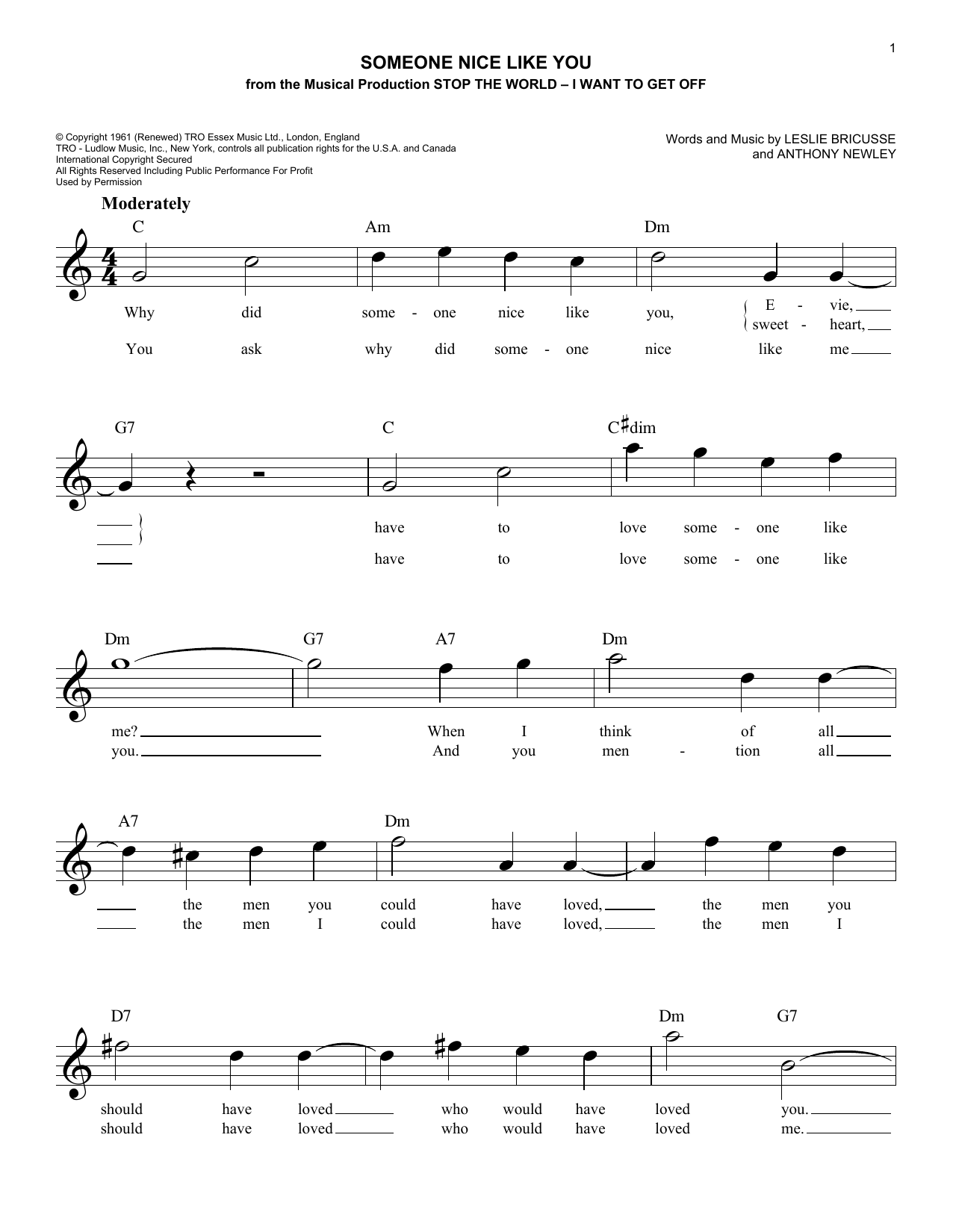 Learn to play Anthony Newley Someone Nice Like You sheet music for Easy Lead Sheet / Fake Book in minutes. Price: 5.9900$ Anthony Newley Someone Nice Like You sheet music notes and chords arranged for Easy Lead Sheet / Fake Book