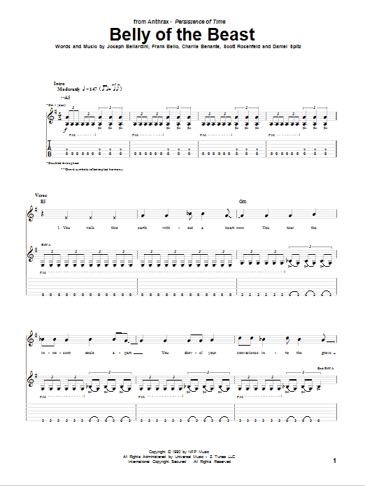 Anthrax Belly Of The Beast sheet music notes and chords. Download Printable PDF.