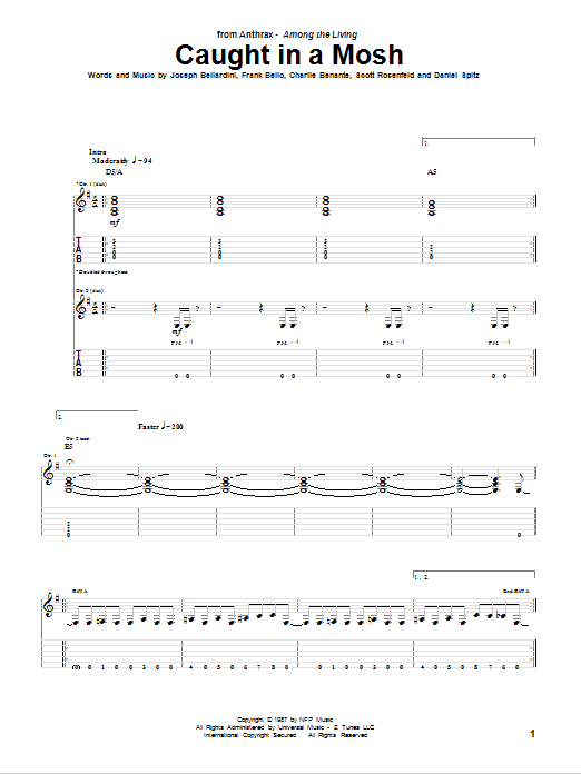 Anthrax Caught In A Mosh sheet music notes and chords. Download Printable PDF.