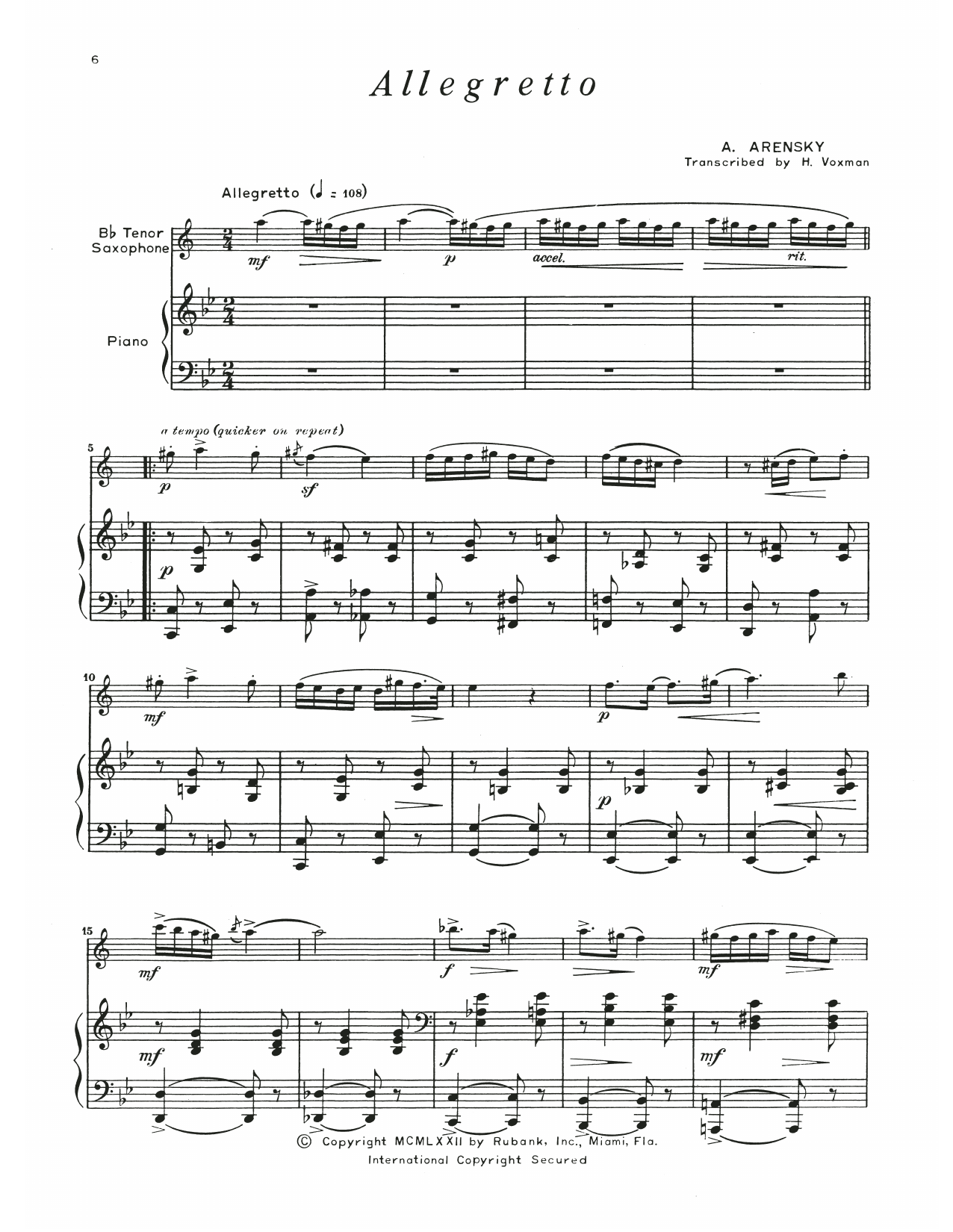 Anton Arensky Allegretto sheet music notes and chords. Download Printable PDF.