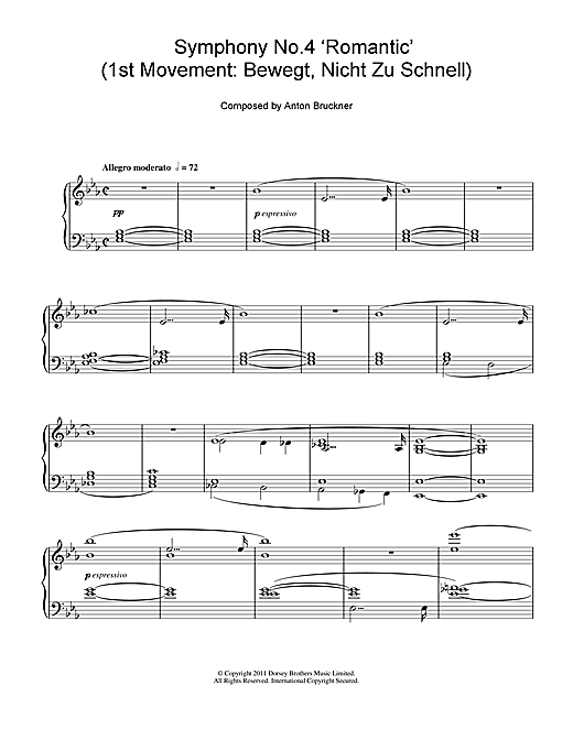 Learn to play Anton Bruckner Symphony No.4 ‘Romantic' (1st Movement: Bewegt, Nicht Zu Schnell) sheet music for Piano Solo in minutes. Anton Bruckner Symphony No.4 ‘Romantic' (1st Movement: Bewegt, Nicht Zu Schnell) sheet music notes and chords