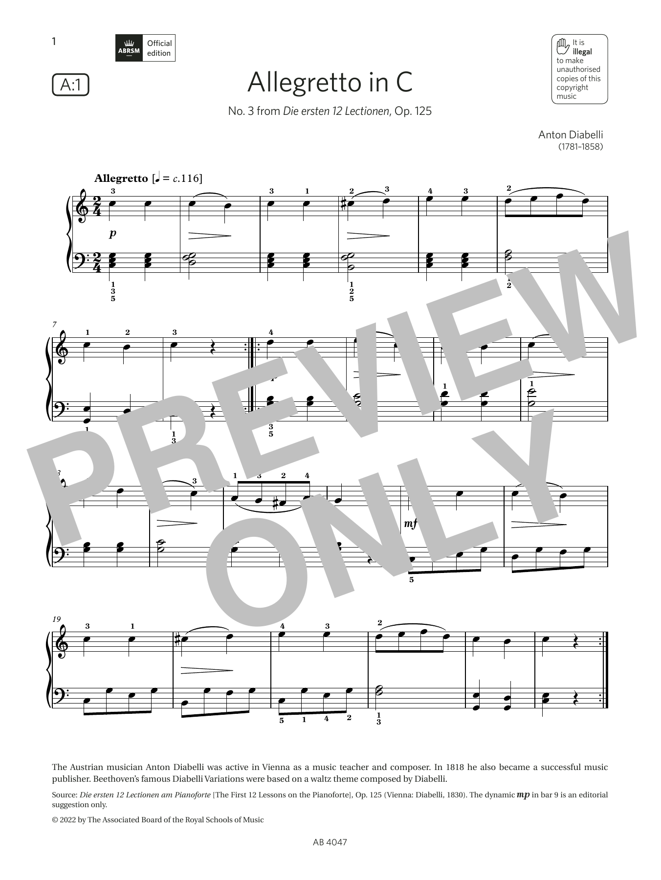 Anton Diabelli "Allegretto in C" Sheet Music for Piano Solo | Download ...