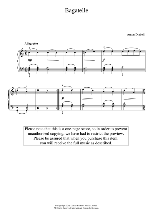 Learn to play Anton Diabelli Bagatelle sheet music for Easy Piano in minutes. Price: 6.9900$ Anton Diabelli Bagatelle sheet music notes and chords arranged for Easy Piano