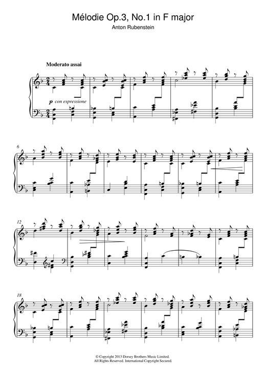 Learn to play Anton Rubenstein Mélodie In F Major Op.3 No.1 sheet music for Piano Solo in minutes. Anton Rubenstein Mélodie In F Major Op.3 No.1 sheet music notes and chords