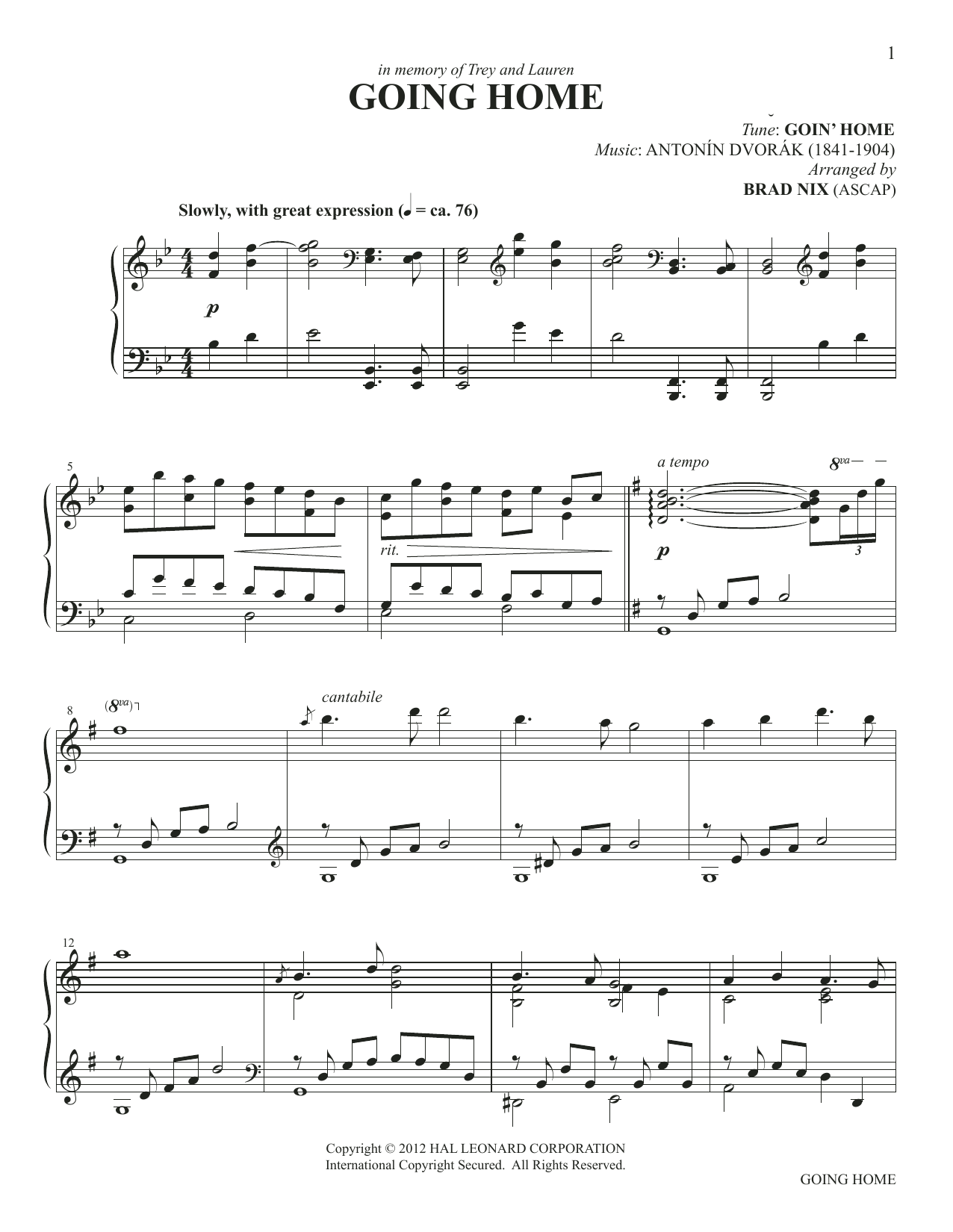 Antonin Dvorak "Going Home" Sheet Music for Piano Solo Download PDF