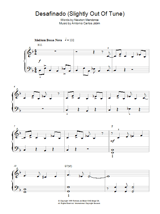 Learn to play Antonio Carlos Jobim Desafinado (Slightly Out Of Tune) sheet music for Easy Piano in minutes. Price: 6.9900$ Antonio Carlos Jobim Desafinado (Slightly Out Of Tune) sheet music notes and chords arranged for Easy Piano