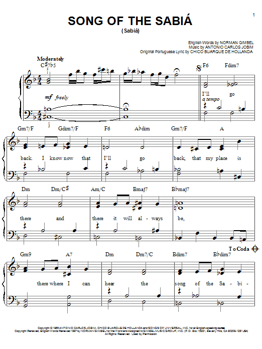 Antonio Carlos Jobim Song Of The Sabia (Sabia) sheet music notes and chords. Download Printable PDF.