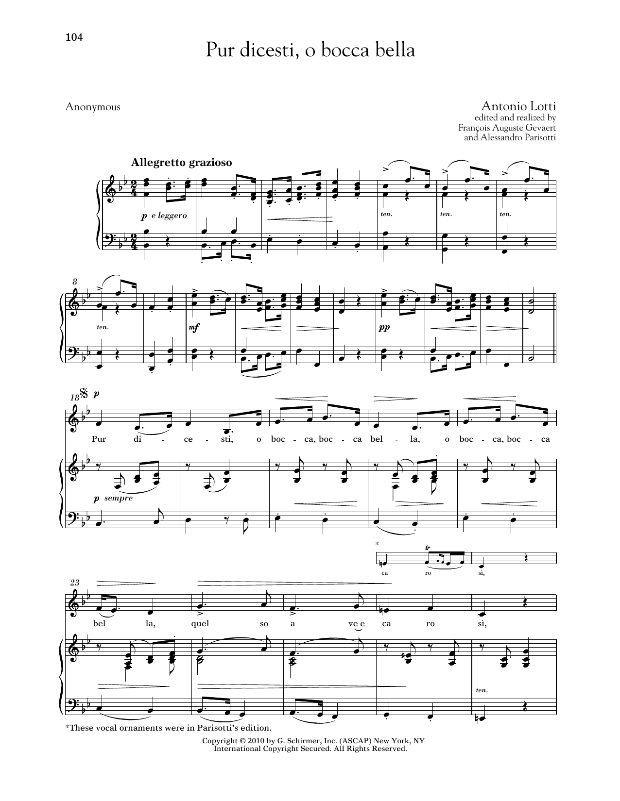 Antonio Lotti Pur Dicesti, O Bocca Bella (Low Voice) sheet music notes and chords arranged for Piano & Vocal