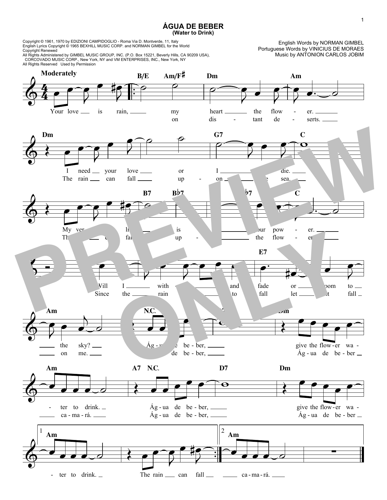Learn to play Antonio Carlos Jobim Água De Beber (Water To Drink) sheet music for Easy Lead Sheet / Fake Book in minutes. Price: 5.9900$ Antonio Carlos Jobim Água De Beber (Water To Drink) sheet music notes and chords arranged for Easy Lead Sheet / Fake Book
