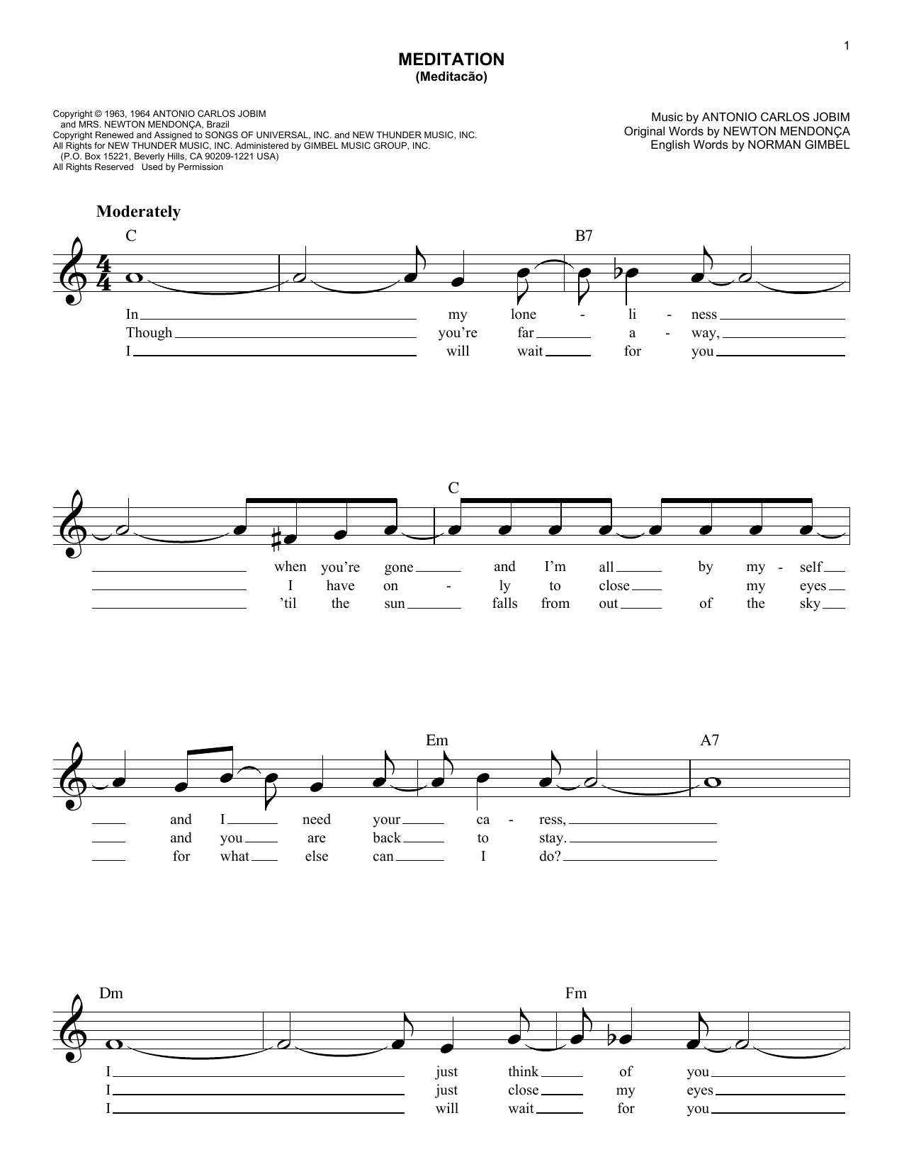 Antonio Carlos Jobim Meditation (Meditacao) sheet music notes and chords. Download Printable PDF.