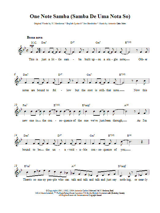 Antonio Carlos Jobim One Note Samba sheet music notes and chords. Download Printable PDF.