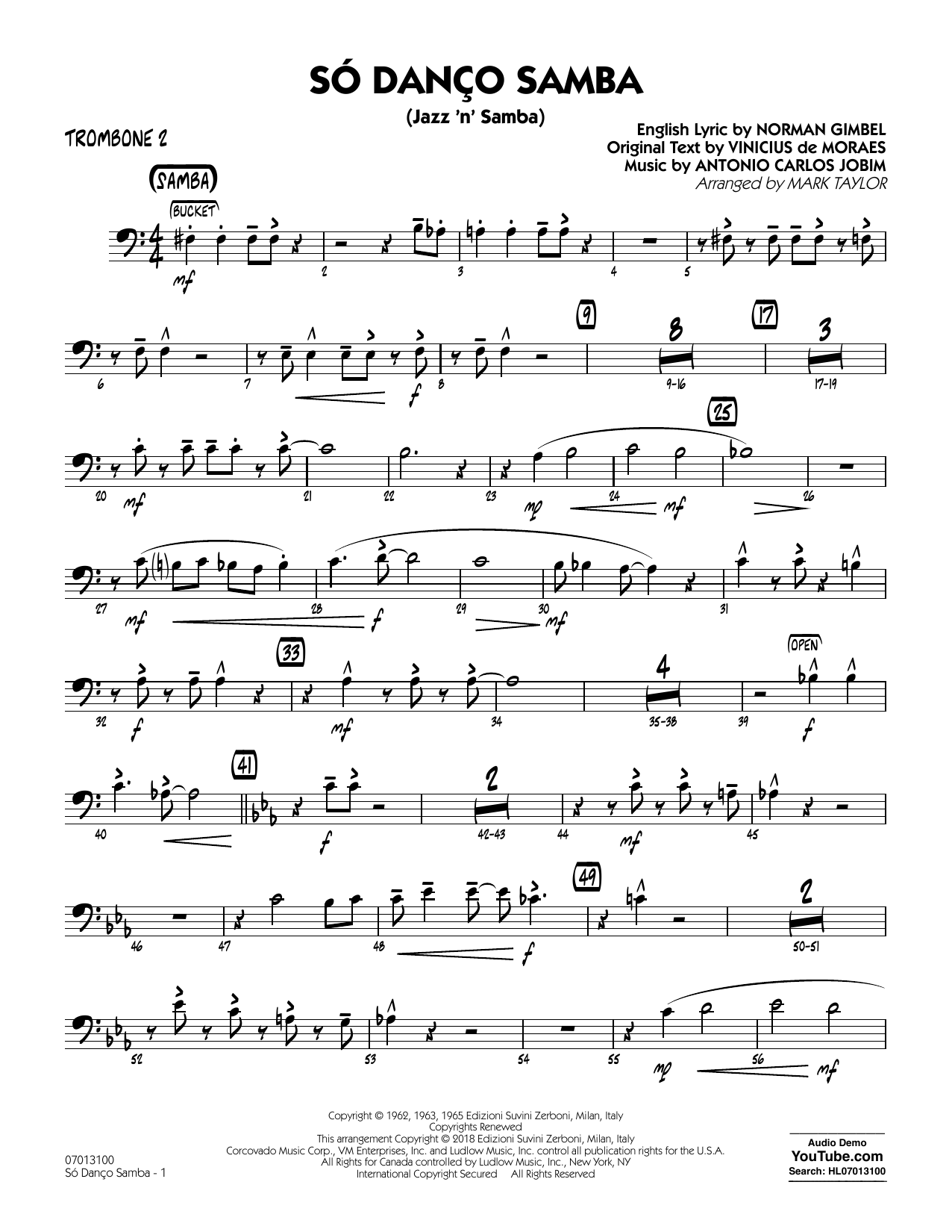Learn to play Antonio Carlos Jobim Só Danço Samba (Jazz 'n' Samba) (arr. Mark Taylor) - Trombone 2 sheet music for Jazz Ensemble in minutes. Antonio Carlos Jobim Só Danço Samba (Jazz 'n' Samba) (arr. Mark Taylor) - Trombone 2 sheet music notes and chords
