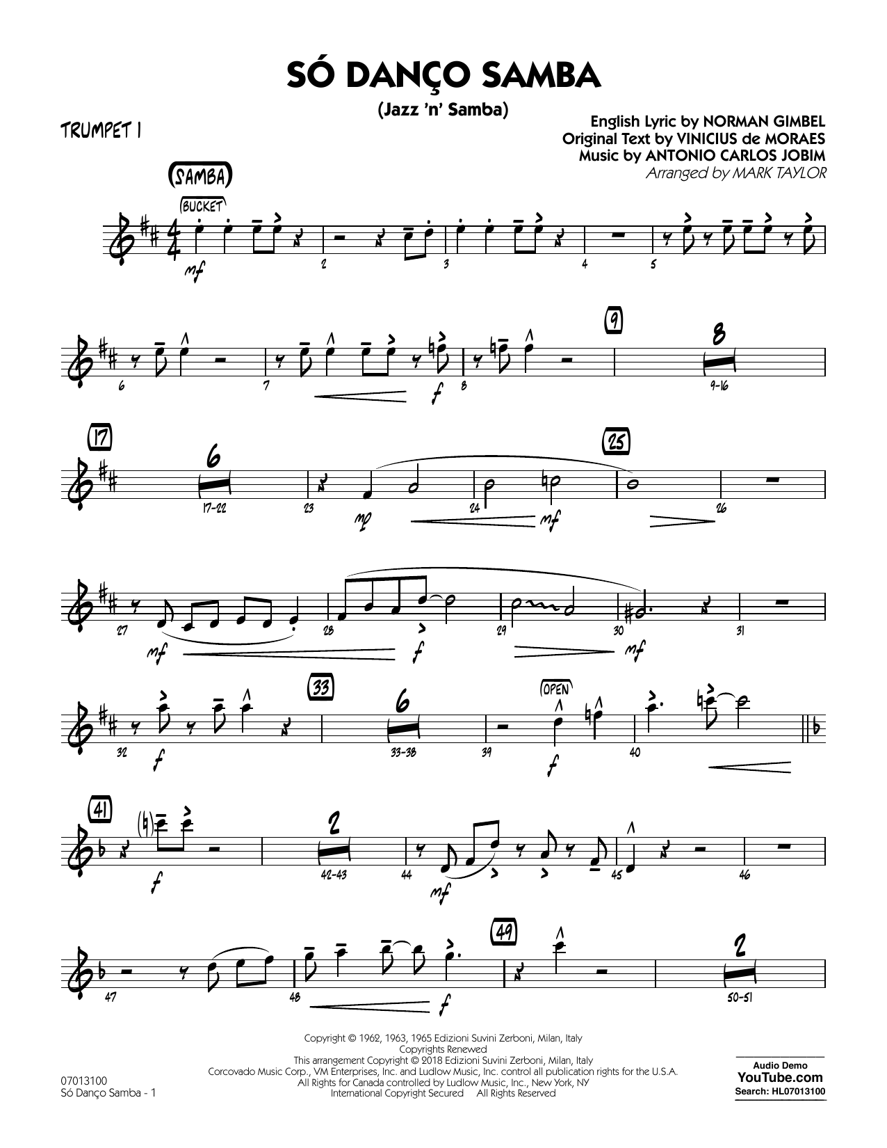 Learn to play Antonio Carlos Jobim Só Danço Samba (Jazz 'n' Samba) (arr. Mark Taylor) - Trumpet 1 sheet music for Jazz Ensemble in minutes. Antonio Carlos Jobim Só Danço Samba (Jazz 'n' Samba) (arr. Mark Taylor) - Trumpet 1 sheet music notes and chords