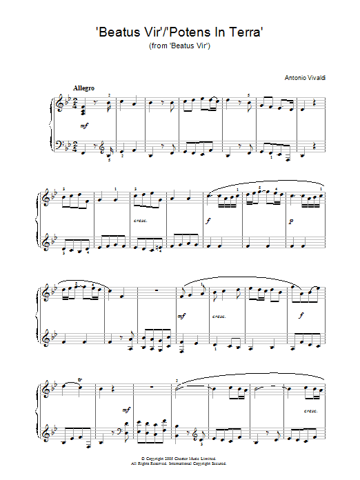 Learn to play Antonio Vivaldi Beatus Vir/ Potens In Terra (from Beatus Vir) sheet music for Piano Solo in minutes. Antonio Vivaldi Beatus Vir/ Potens In Terra (from Beatus Vir) sheet music notes and chords. Download Printable PDF.