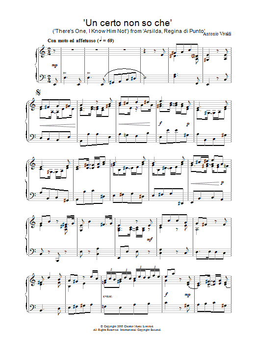 Learn to play Antonio Vivaldi Un certo non so che (There's One, I Know Him Not) from ‘Arsilda, Regina di Punto' sheet music for Piano Solo in minutes. Antonio Vivaldi Un certo non so che (There's One, I Know Him Not) from ‘Arsilda, Regina di Punto' sheet music notes and chords. Download Printable PDF.