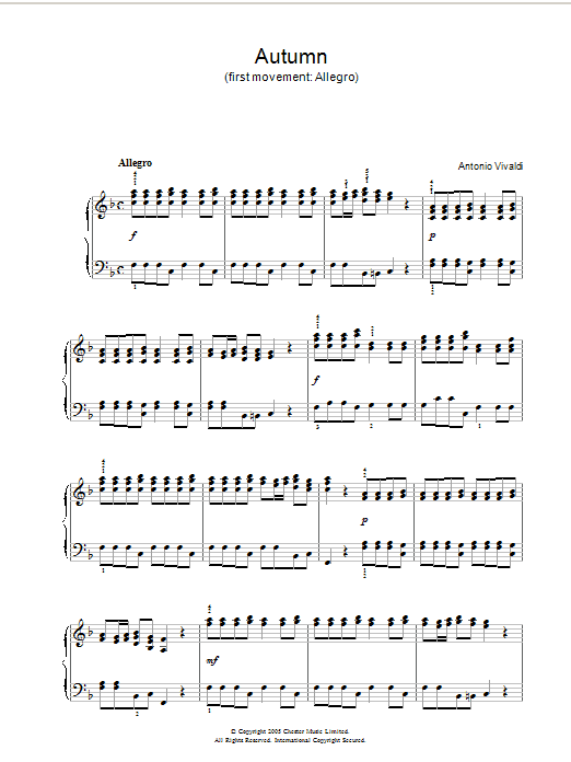 Learn to play Antonio Vivaldi Autumn (1st Movement: Allegro) sheet music for Piano Solo in minutes. Antonio Vivaldi Autumn (1st Movement: Allegro) sheet music notes and chords. Download Printable PDF.