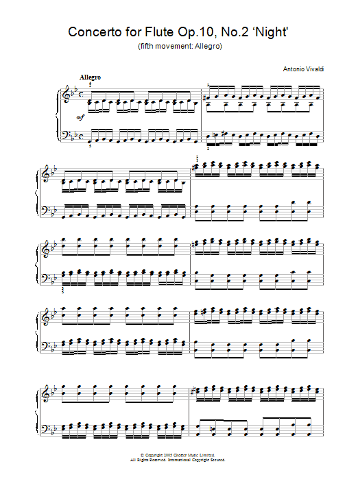 Learn to play Antonio Vivaldi Concerto for Flute Op.10, No.2 ‘Night' (5th Movement: Allegro) sheet music for Piano Solo in minutes. Antonio Vivaldi Concerto for Flute Op.10, No.2 ‘Night' (5th Movement: Allegro) sheet music notes and chords. Download Printable PDF.