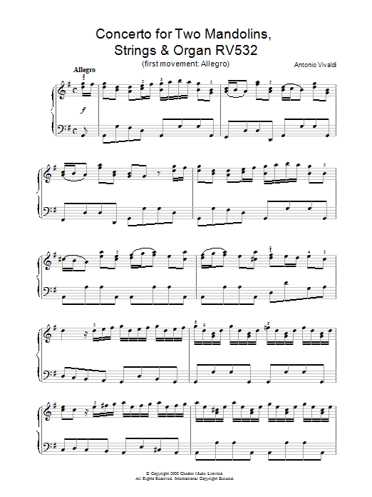 Antonio Vivaldi Concerto for Two Mandolins, Strings & Organ RV532 (1st Movement: Allegro) sheet music notes and chords. Download Printable PDF.