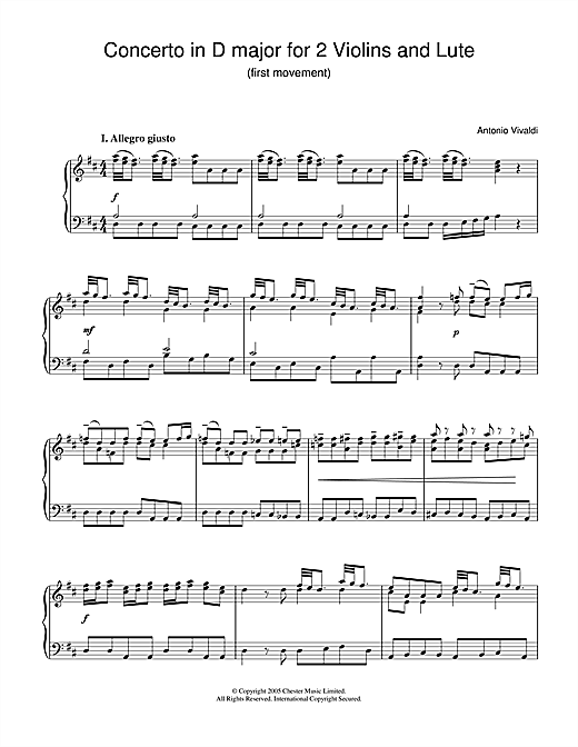 Learn to play Antonio Vivaldi Concerto in D major for 2 Violins and Lute (1st Movement) sheet music for Piano Solo in minutes. Antonio Vivaldi Concerto in D major for 2 Violins and Lute (1st Movement) sheet music notes and chords. Download Printable PDF.