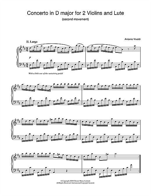 Antonio Vivaldi Concerto In D Major For 2 Violins And Lute 2nd Movement Sheet Music Pdf Notes Chords Classical Score Piano Solo Download Printable Sku 31915