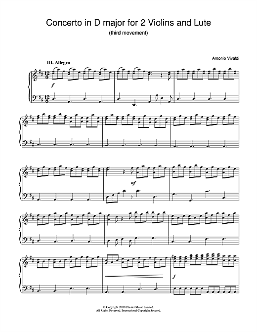 Antonio Vivaldi Concerto In D Major For 2 Violins And Lute 3rd Movement Sheet Music Pdf Notes Chords Classical Score Piano Solo Download Printable Sku 31916