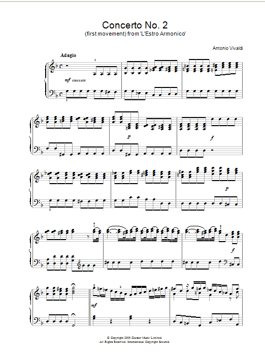 Antonio Vivaldi Concerto No.2 (1st Movement: Adagio) from ‘L'Estro Armonico' Op.3 sheet music notes and chords. Download Printable PDF.