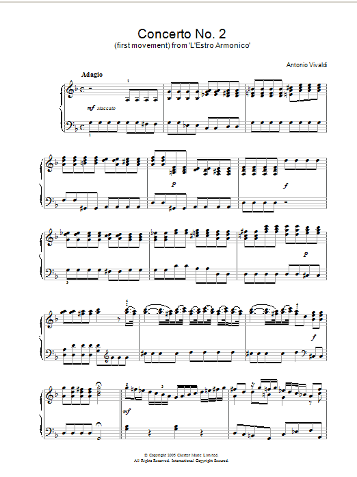 Learn to play Antonio Vivaldi Concerto No.2 (1st Movement: Adagio) from ‘L'Estro Armonico' Op.3 sheet music for Piano Solo in minutes. Antonio Vivaldi Concerto No.2 (1st Movement: Adagio) from ‘L'Estro Armonico' Op.3 sheet music notes and chords. Download Printable PDF.