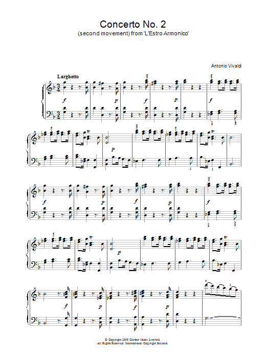 Learn to play Antonio Vivaldi Concerto No.2 (2nd Movement: Larghetto) from ‘L'Estro Armonico' Op.3 sheet music for Piano Solo in minutes. Antonio Vivaldi Concerto No.2 (2nd Movement: Larghetto) from ‘L'Estro Armonico' Op.3 sheet music notes and chords. Download Printable PDF.