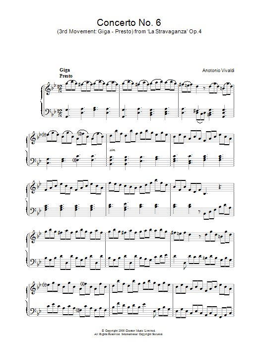 Antonio Vivaldi Concerto No.6 (3rd Movement: Giga, Presto) from ‘La Stravaganza' Op.4 sheet music notes and chords. Download Printable PDF.