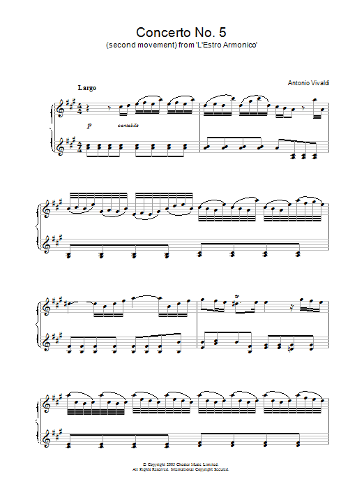 Antonio Vivaldi Concerto No.5 (2nd Movement: Largo) from ‘L'Estro Armonico' Op.3 sheet music notes and chords. Download Printable PDF.