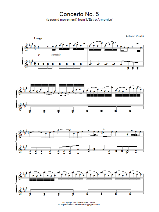 Learn to play Antonio Vivaldi Concerto No.5 (2nd Movement: Largo) from ‘L'Estro Armonico' Op.3 sheet music for Piano Solo in minutes. Antonio Vivaldi Concerto No.5 (2nd Movement: Largo) from ‘L'Estro Armonico' Op.3 sheet music notes and chords. Download Printable PDF.