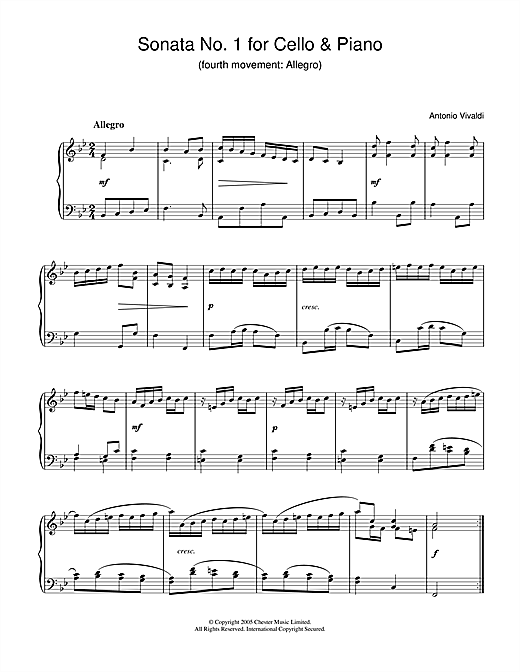 Learn to play Antonio Vivaldi Sonata No.1 for Cello & Piano (4th Movement: Allegro) sheet music for Piano Solo in minutes. Antonio Vivaldi Sonata No.1 for Cello & Piano (4th Movement: Allegro) sheet music notes and chords. Download Printable PDF.